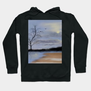 Cloudy beach scene with lone tree and nesting birds Hoodie